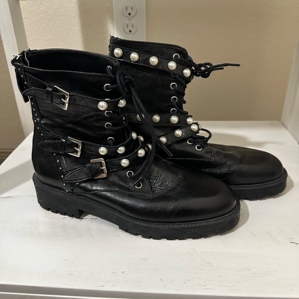 Zara black pearl strap biker boots